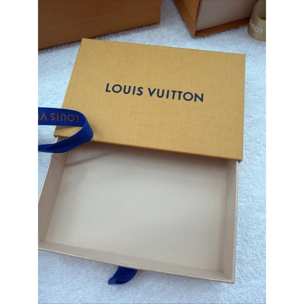 Empty Louis Vuitton Orange Gift Box Set of 4 w/ Blue Ribbon, Rectangle Cardboard